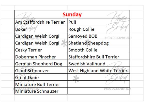 Sunday Breed List